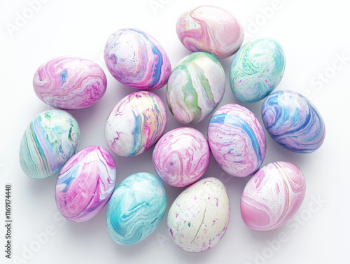 Photorealistic image of elegant marble-style Easter eggs on a white background. photo