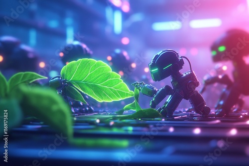 Futuristic robots tending to vibrant green leaves photo