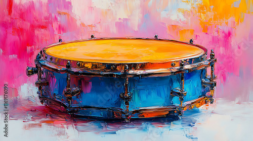 Colorful abstract painting of a blue snare drum. photo