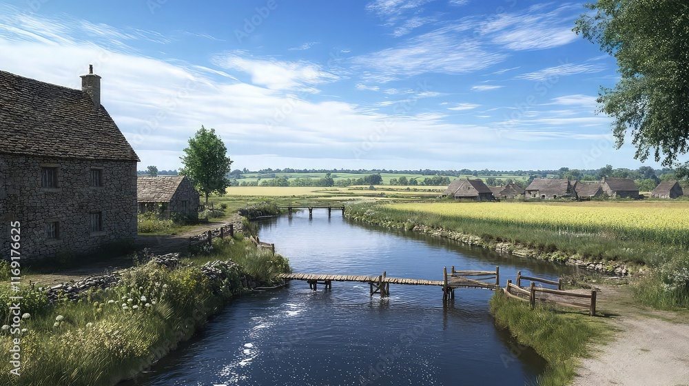 Fototapeta premium Rustic stone building alongside a flowing river with small wooden bridges in a sunny field.