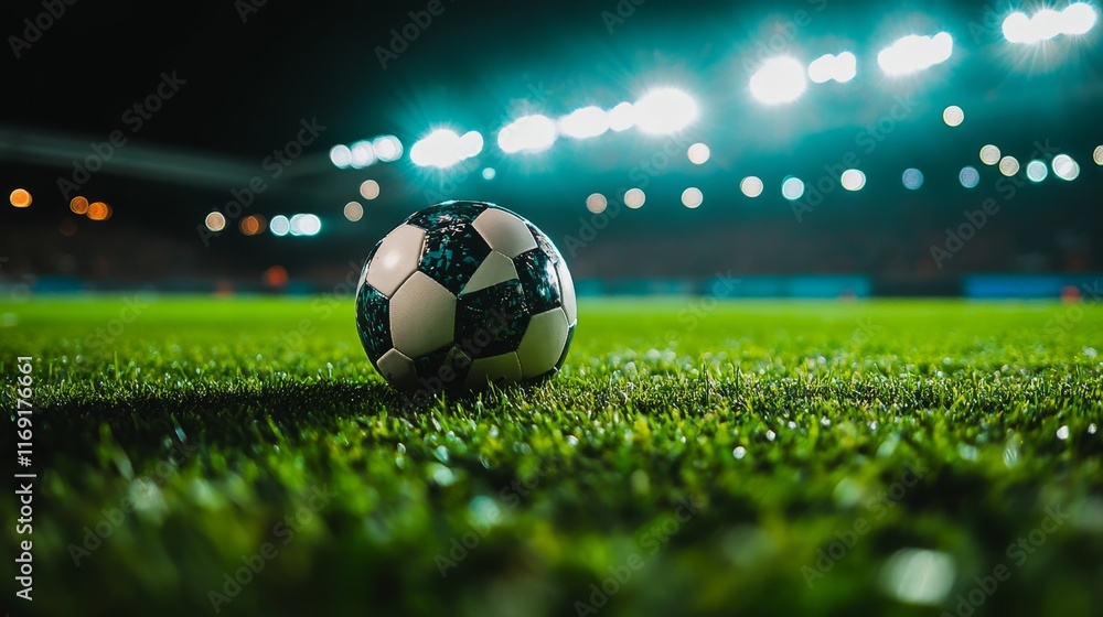 Naklejka premium Close Up Shot of a Football Resting on Grassy Field at Night