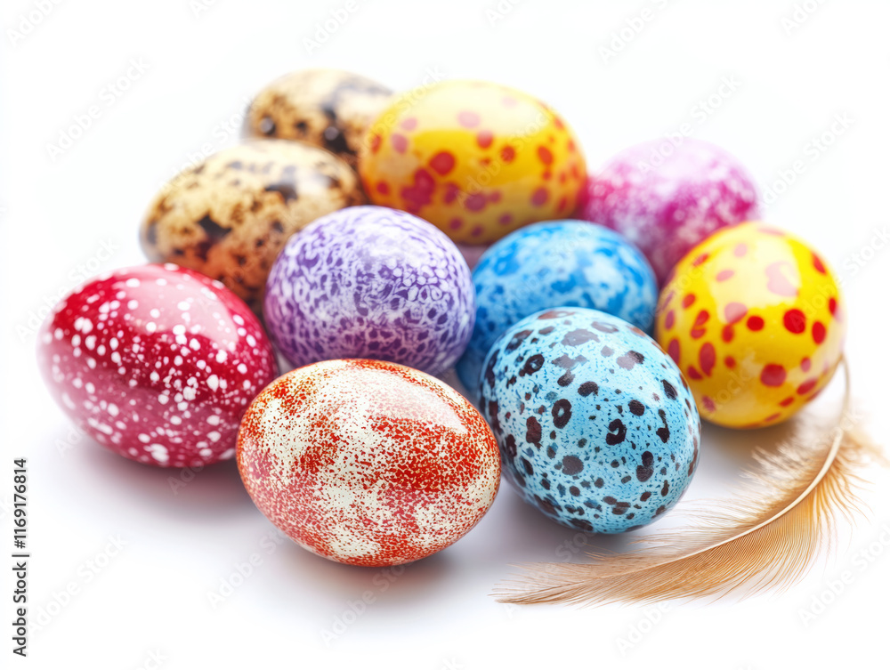 Fototapeta premium A stunning arrangement of colorful quail eggs against a clean white backdrop.