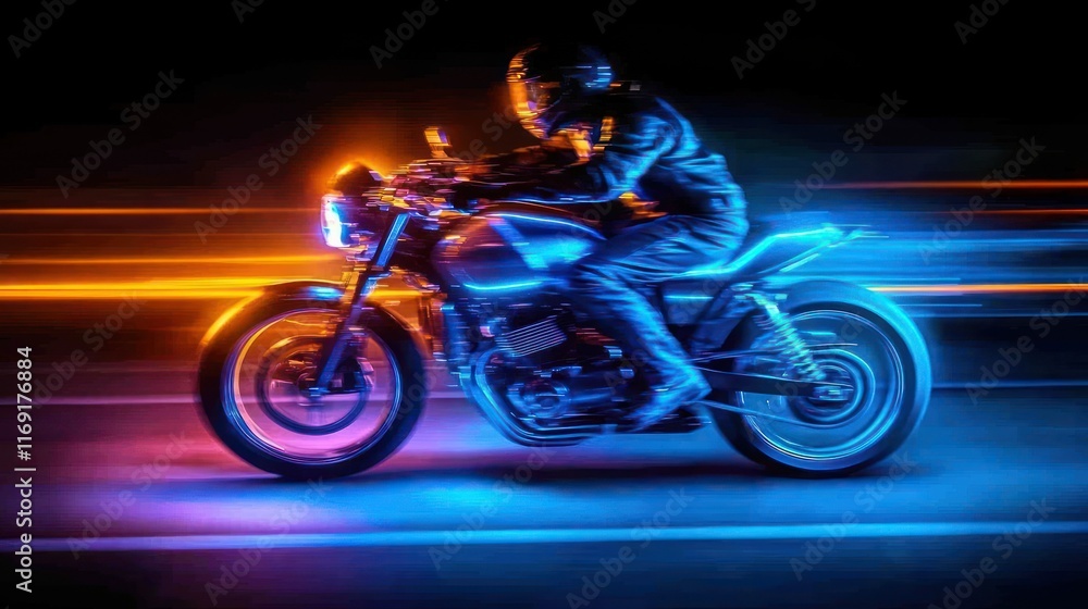 Fototapeta premium Dynamic motorcycle ride with colorful light trails.