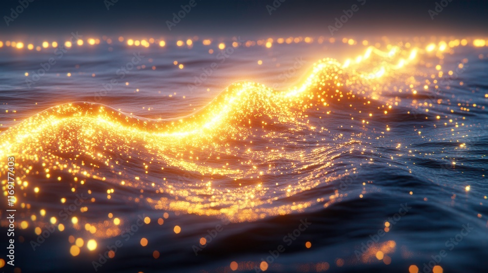 Naklejka premium Magical golden waves illuminating the ocean coastal night digital art serene atmosphere aerial view beauty
