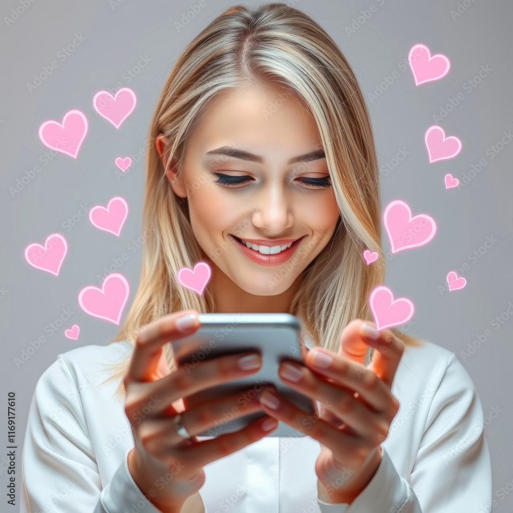 Beautiful young woman with a bright smile viewing her phone amid glowing pink hearts. Beautiful young woman with a bright smile viewing her phone amid glowing pink hearts.