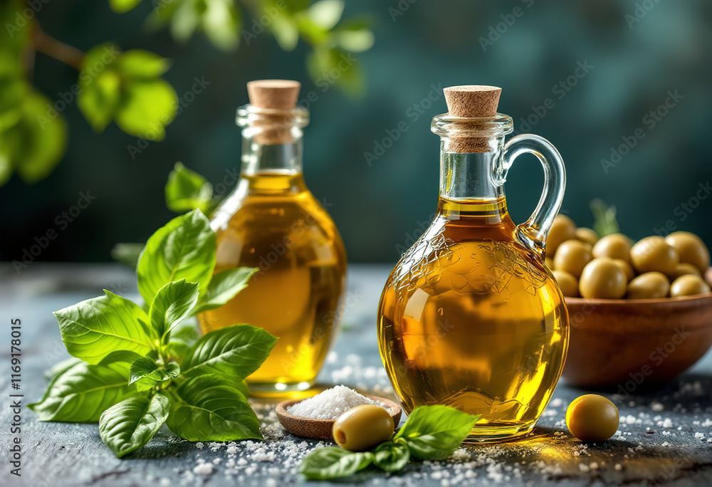 olive oil in glass bottles served with basil leaves, salt, and green olives olive oil in glass bottles served with basil leaves, salt, and green olives