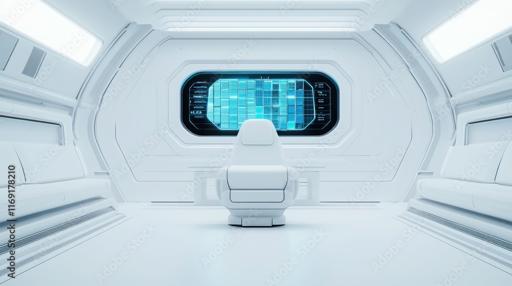Cargo management on tracking and network. Futuristic, minimalistic interior with a control chair and digital display. Cargo management on tracking and network. Futuristic, minimalistic interior with a control chair and digital display.