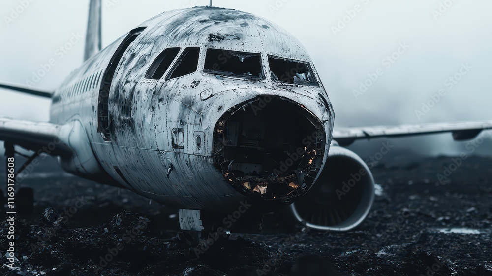 Fototapeta premium A weathered airplane wreckage rests on a desolate landscape, showcasing decay and neglect against a moody, overcast sky.