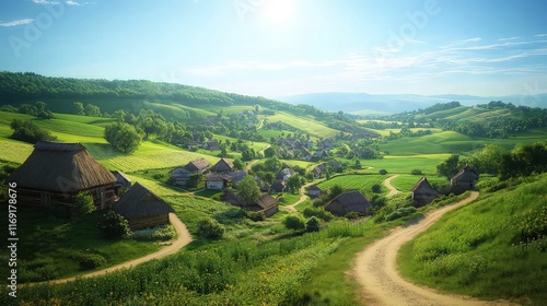 A picturesque village nestled among rolling green hills under a clear blue sky, with thatched cottages and winding dirt paths.  photo