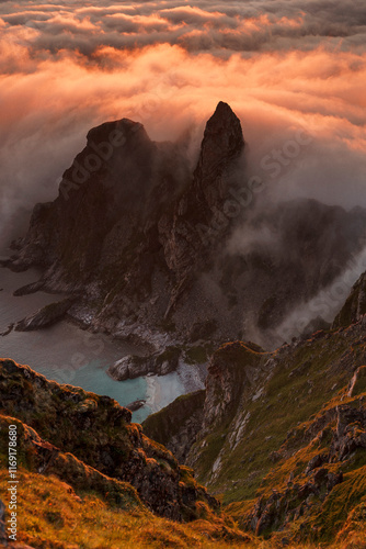 Spectacular View from Matind Mountain during Midnight Sun, Bleik, Andoya, Norway photo