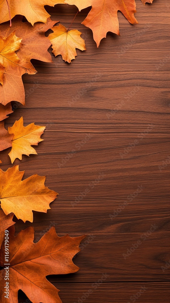 Autumn leaves arranged on a dark brown wooden surface. Warm, earthy tones create a cozy fall feeling. Autumn leaves arranged on a dark brown wooden surface. Warm, earthy tones create a cozy fall feeling.