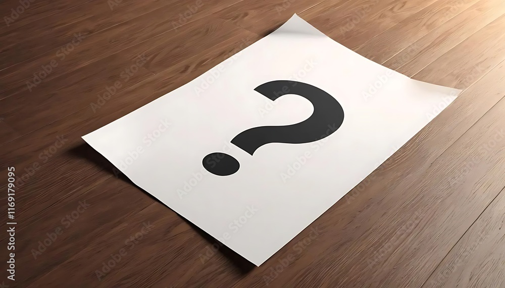 A question mark printed on white paper lies on wood A question mark printed on white paper lies on wood