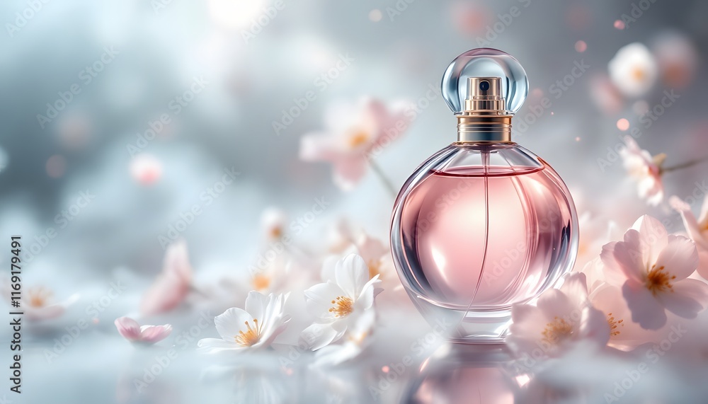 Elegant Perfume Bottle mockup with Floral Accents and Soft Bokeh Background Elegant Perfume Bottle mockup with Floral Accents and Soft Bokeh Background