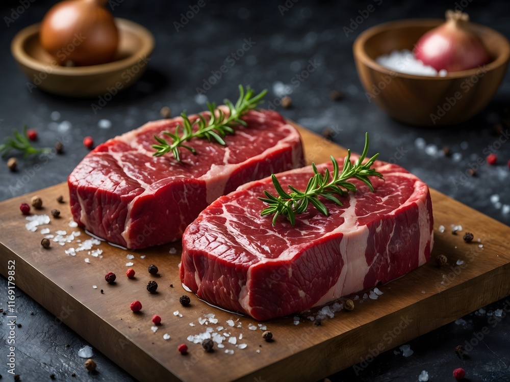 Fresh meat with ingredients for cooking on dark table. Ai Generative Fresh meat with ingredients for cooking on dark table. Ai Generative