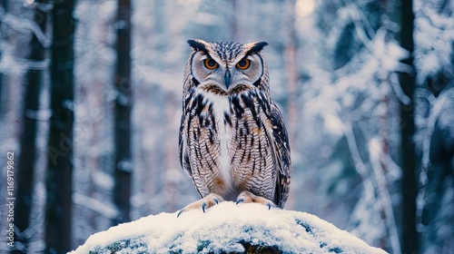 Majestic Owl Perched on Snowy Rock in Winter Forest photo