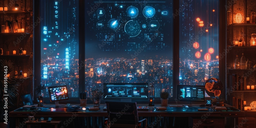Futuristic workspace overlooking a glowing cityscape with holographic interfaces and ambient lighting creating Futuristic workspace overlooking a glowing cityscape with holographic interfaces and ambient lighting creating