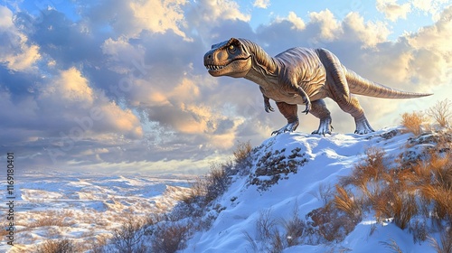 Tyrannosaurus Rex surveys a snowy winter landscape photo