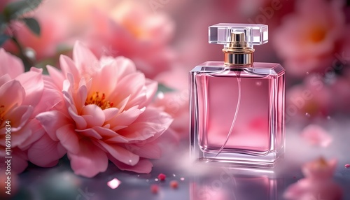 Elegant Perfume Bottle mockup with Floral Accents and Soft Bokeh Background
