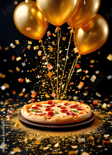 Confetti opening gold and balloons magic pizza salami gold powder with space for text, empty black background