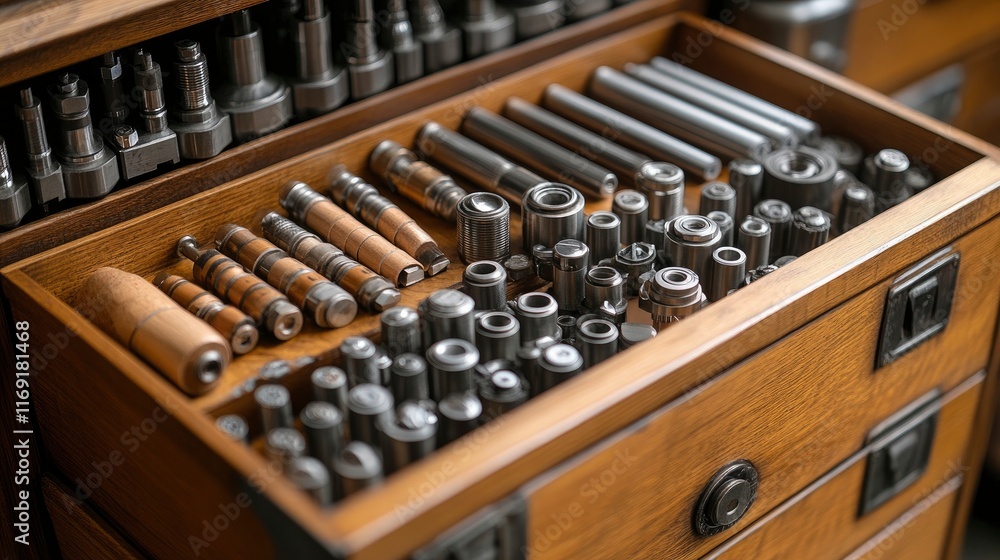 Industrial tablet press tooling organized in storage cabinet Industrial tablet press tooling organized in storage cabinet