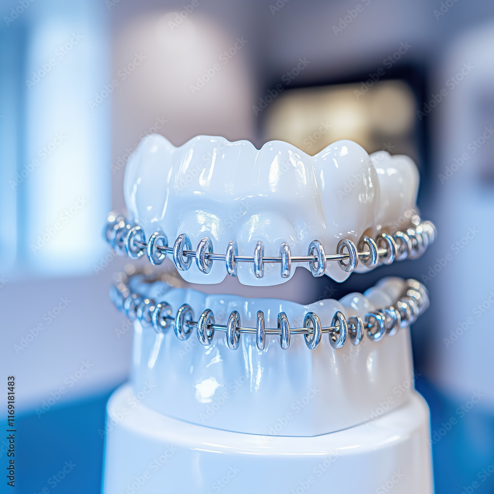 Close-up of an orthodontic archwire attached to brackets on a white glossy dental model, bright blurry background
