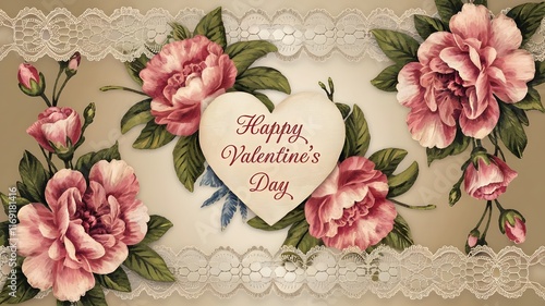 A vintage-style Valentine's Day card design with ornate floral patterns, a lace border, and a hand-painted heart in the center is empty