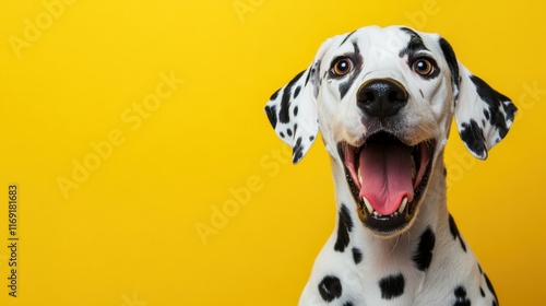 Playful dalmatian enjoys a sunny moment with a bright yellow backdrop full of joy and vitality photo