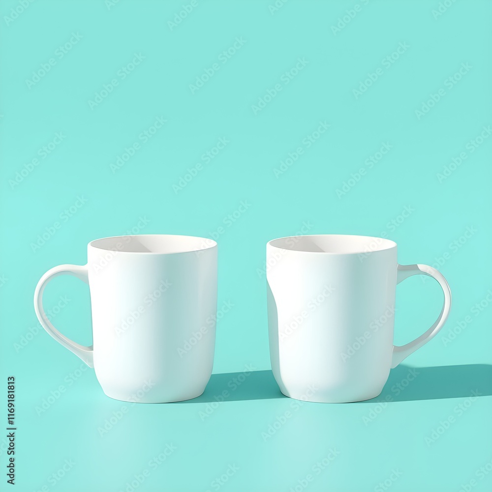Minimalist white ceramic mugs, Pair of cups, Teal background, Hard shadow, Clean design, Studio lighting, Product photography, Symmetrical composition, Pastel colors, Simple elegance Minimalist white ceramic mugs, Pair of cups, Teal background, Hard shadow, Clean design, Studio lighting, Product photography, Symmetrical composition, Pastel colors, Simple elegance