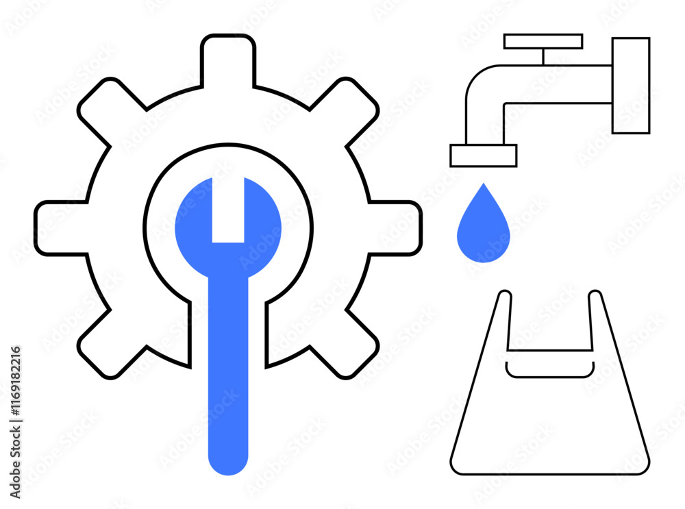 Gear with blue wrench, water faucet with blue droplet, shopping bag. Ideal for maintenance, repair services, water conservation, shopping, retail plumbing sustainability. Bold abstract line flat Gear with blue wrench, water faucet with blue droplet, shopping bag. Ideal for maintenance, repair services, water conservation, shopping, retail plumbing sustainability. Bold abstract line flat