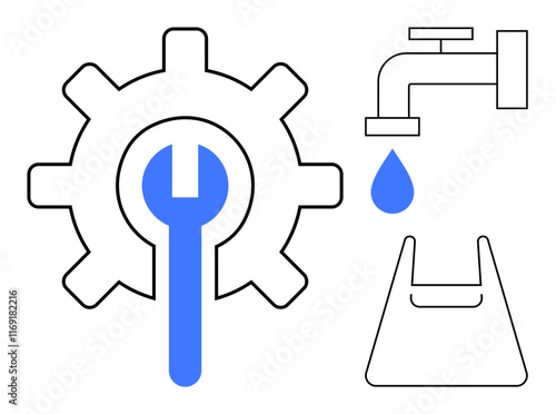 Gear with blue wrench, water faucet with blue droplet, shopping bag. Ideal for maintenance, repair services, water conservation, shopping, retail plumbing sustainability. Bold abstract line flat