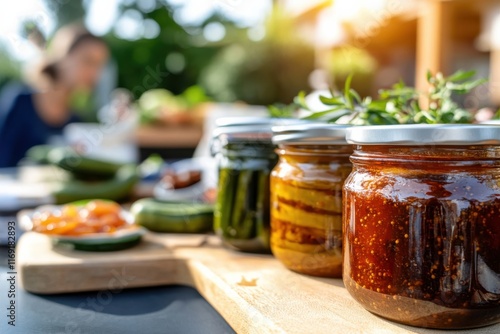 An artistic arrangement of gourmet preserved foods in glass jars on a wooden board, symbolizing culinary artistry and the enjoyment of homemade flavors. photo