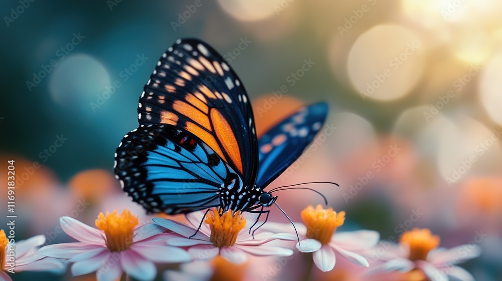 A high-resolution close-up of a colorful butterfly resting on a blooming flower. The butterfly’s wings showcase intricate patterns in vibrant hues of blue, orange, and black. A high-resolution close-up of a colorful butterfly resting on a blooming flower. The butterfly’s wings showcase intricate patterns in vibrant hues of blue, orange, and black.