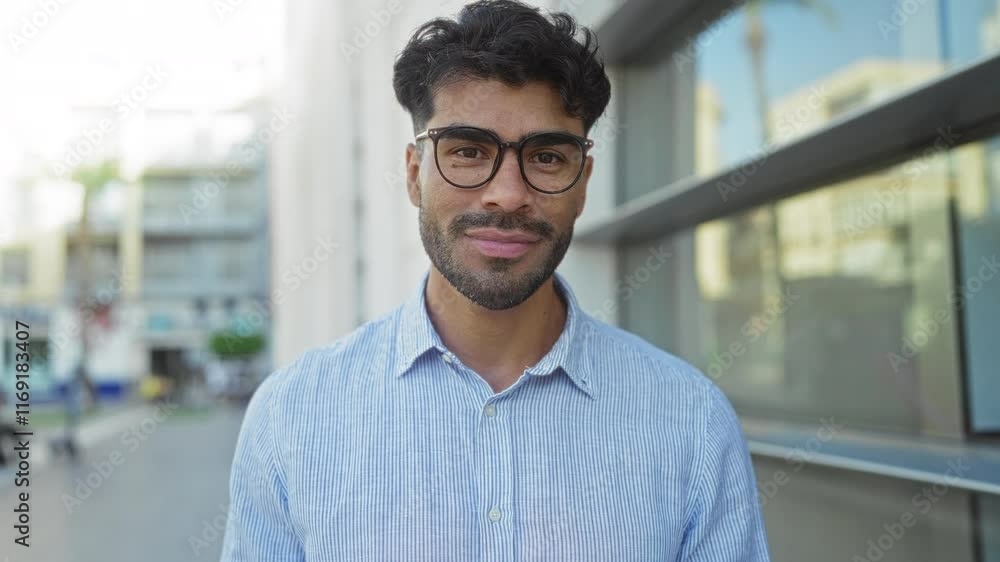 Young man outdoors in urban setting wearing glasses and blue shirt, smiling with buildings in background, embodying confidence and modern lifestyle. Young man outdoors in urban setting wearing glasses and blue shirt, smiling with buildings in background, embodying confidence and modern lifestyle.