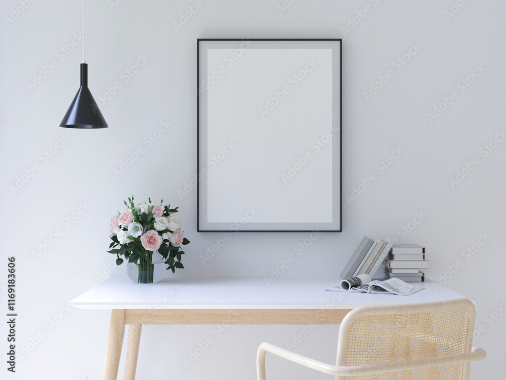 A minimalist workspace featuring a white desk, a chair, a bouquet of flowers, and an empty frame against a light wall. 3D render A minimalist workspace featuring a white desk, a chair, a bouquet of flowers, and an empty frame against a light wall. 3D render