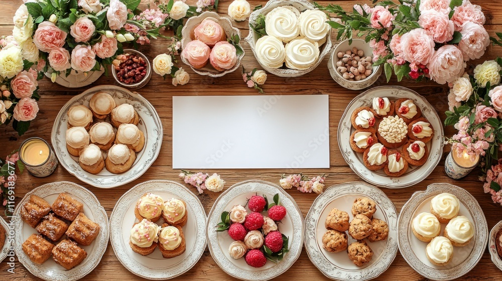 A beautifully arranged dessert table with floral decorations. A beautifully arranged dessert table with floral decorations.