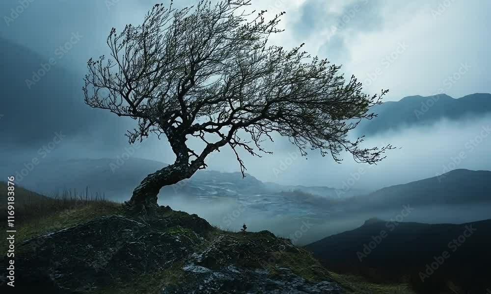 Lone Tree on a Misty Mountaintop: A Serene Landscape Lone Tree on a Misty Mountaintop: A Serene Landscape