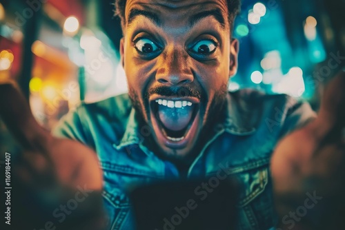 Excited person viewing phone, nighttime city blur.