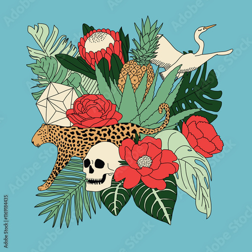 Vintage Skull and Floral Composition with Leopard photo