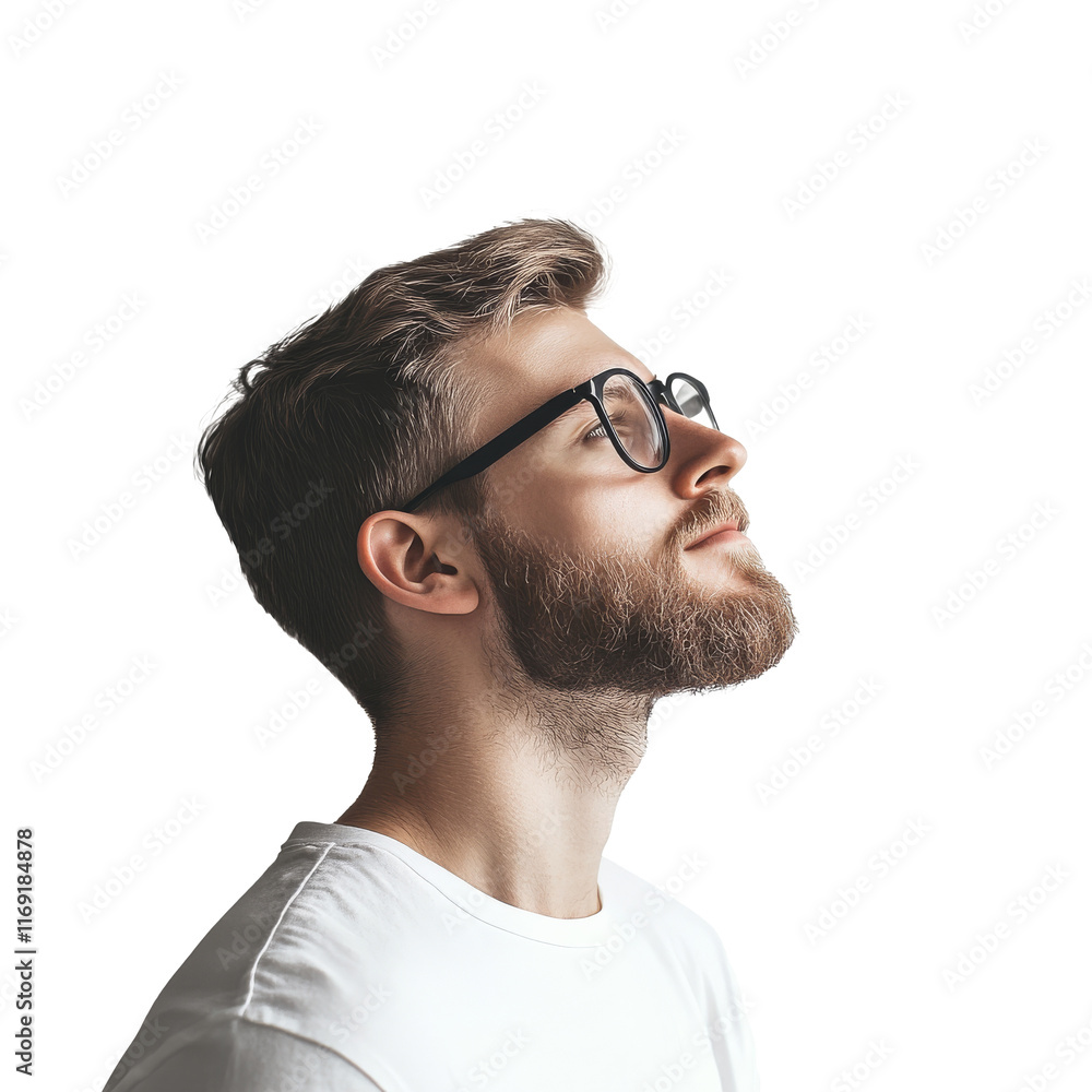 Obraz premium Young man with beard and glasses looking up