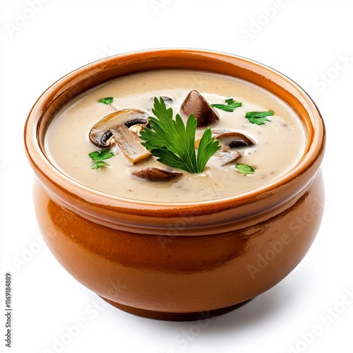 Creamy Mushroom Soup in a Rustic Brown Bowl with Fresh Herbs photo