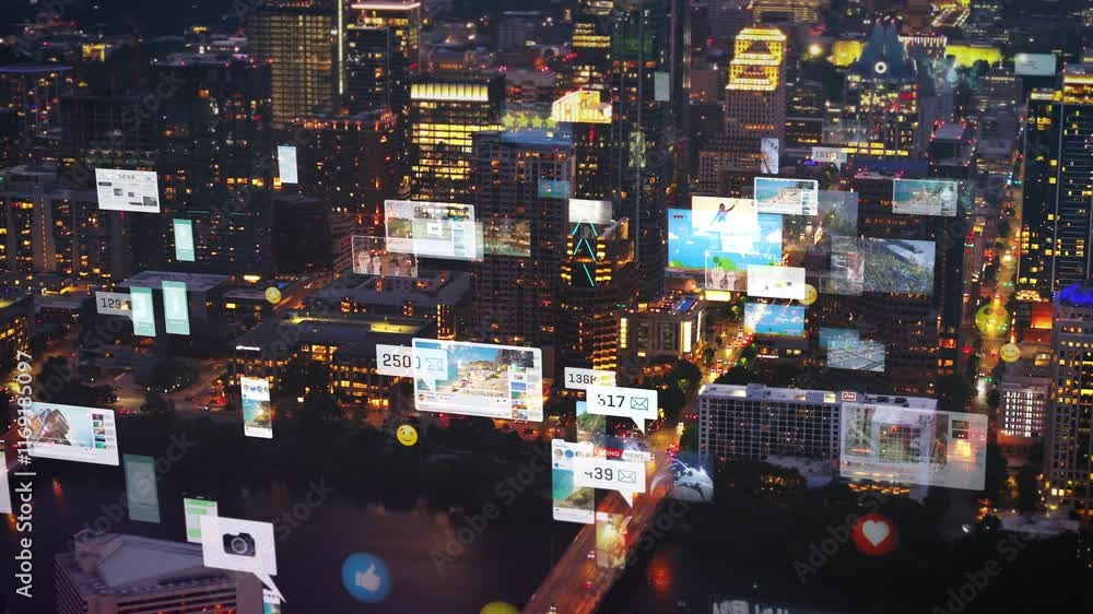 custom made wallpaper toronto digitalAerial view of Austin, Texas at night with a digital overlay of social media content, concept of smart city and the future of technology