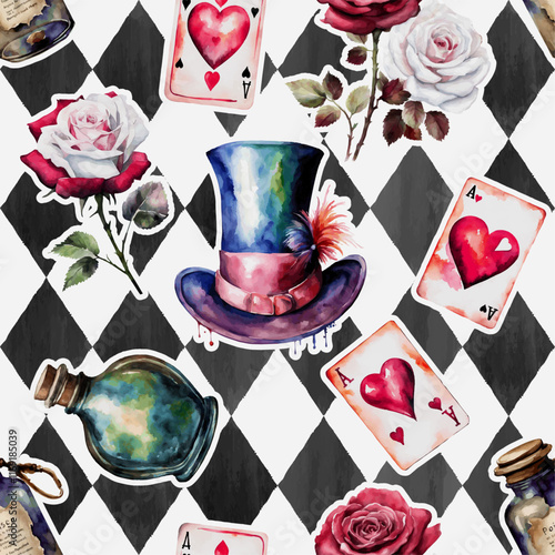 Watercolor red and white roses, poison, hat, cards on checkered background. Wonderland seamless pattern of Mad Hatter. Vector illustration. Texture for fabric, wrapping, wallpaper, print