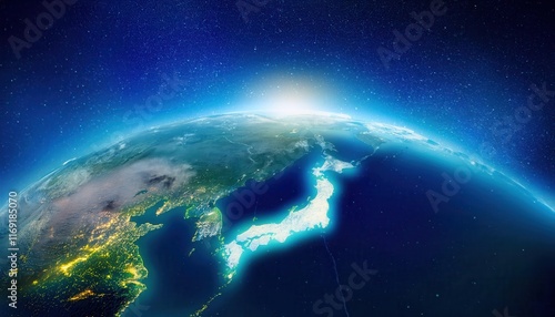 Fototapeta Naklejka Na Ścianę i Meble -  Illuminated View of Japan and East Asia at Night from Space. Stunning Earth Day Perspective Highlighting City Lights, Geographical Beauty, and the Global Importance of Sustainability and Conservation