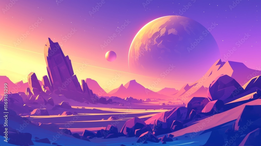 Obraz premium Alien Landscape Featuring Sharp Mountains and Two Planets at Sunset