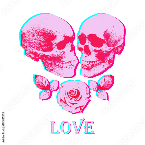 Pink skulls and roses on white background. Greeting cadr, decorative print. Vector illustration