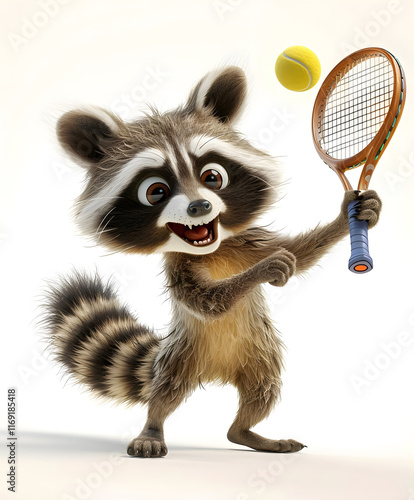 Happy Raccoon Playing Tennis with a Tennis Racket photo