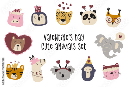 Cute animals with different accessories set. Illustrations with animals for valentine's day. Festive set for valentine's day cards, posters and stickers.