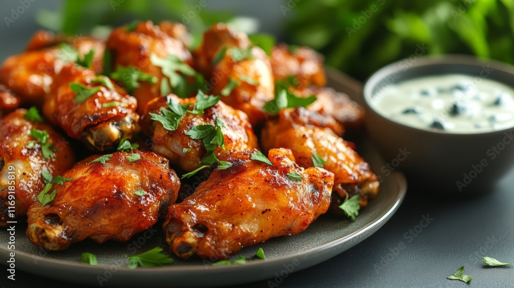Deliciously crispy buffalo chicken wings served on a tray, garnished with herbs, paired with creamy ranch sauce and slaw. Deliciously crispy buffalo chicken wings served on a tray, garnished with herbs, paired with creamy ranch sauce and slaw.