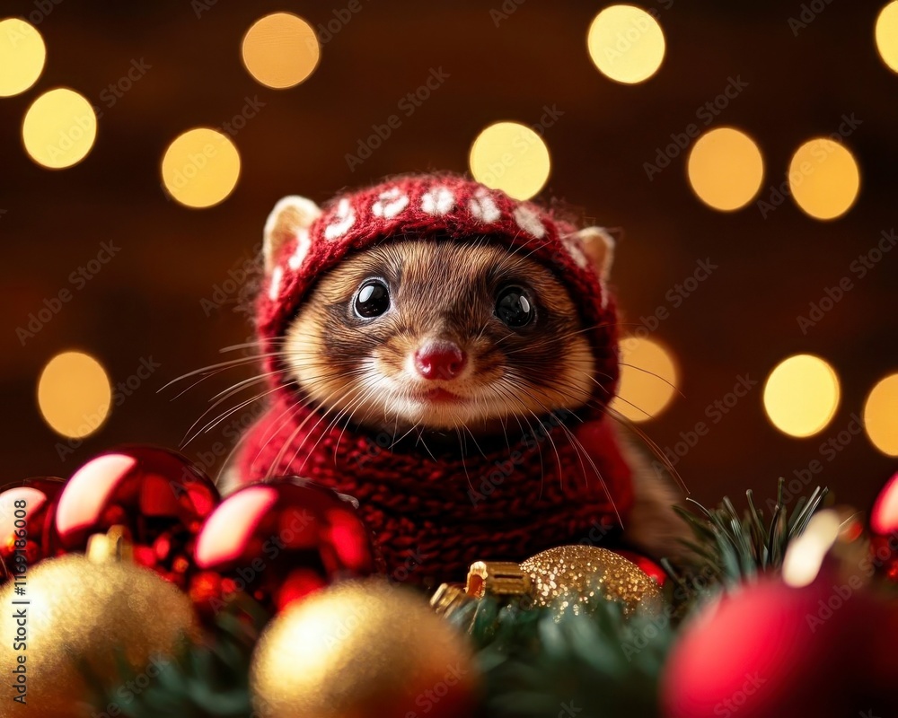 A cute animal wearing a cozy sweater amidst festive decorations, radiating holiday cheer with a whimsical atmosphere. A cute animal wearing a cozy sweater amidst festive decorations, radiating holiday cheer with a whimsical atmosphere.