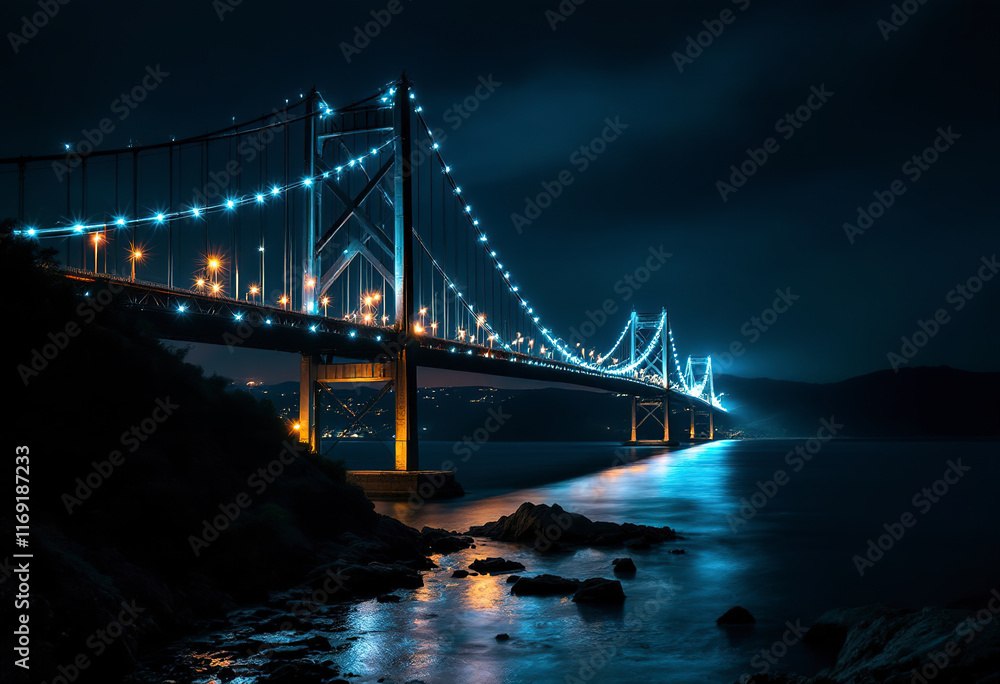 Fototapeta premium A large suspension bridge with illuminated cables and arches spanning over a body of water at night